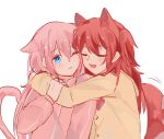  2girls animal_ears blue_eyes blush bocchi_the_rock! brown_jacket cat_ears cat_tail closed_eyes commentary_request dog_ears dog_tail gotou_hitori highres hug jacket kemonomimi_mode kita_ikuyo long_hair mimmf multiple_girls one_eye_closed open_mouth pink_hair pink_jacket red_hair simple_background smile tail track_jacket upper_body white_background yuri 