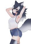  1girl alternate_costume animal_ears arms_behind_head arms_up bare_arms bare_shoulders blue_eyes blue_shorts blush dolphin_shorts fang gradient_legwear grey_hair grey_thighhighs grey_wolf_(kemono_friends) hair_between_eyes heterochromia highres illu_(illu_stratos) kemono_friends long_hair looking_at_viewer midriff_peek multicolored_hair short_shorts shorts sidelocks solo tail tank_top thighhighs white_hair white_thighhighs wolf_ears wolf_girl wolf_tail yellow_eyes 