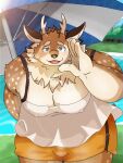  anthro antlers beach beach_umbrella belly blue_eyes blush bottomwear brown_body brown_fur bulge clothing deer fur hi_res horn itatuki_78 kazusa lidded_eyes looking_at_viewer male mammal moobs overweight seaside shorts solo spots spotted_body spotted_fur tamacolle visible_nipples 