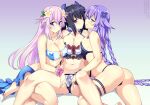  3girls adult_neptune ass bare_arms bare_legs bare_shoulders barefoot bikini black_hair blue_eyes blush breast_press breasts commission d-pad d-pad_hair_ornament frilled_bikini frills hair_between_eyes hair_ornament hair_ribbon large_breasts lindaroze long_hair looking_at_viewer medium_breasts multiple_girls navel neptune_(series) noire_(neptune_series) paid_reward_available power_symbol purple_eyes purple_hair purple_heart red_eyes ribbon scrunchie sitting smile swimsuit symbol-shaped_pupils twintails very_long_hair wrist_scrunchie 