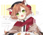  1girl animal_ear_fluff animal_ears arknights artist_name black_headwear black_necktie blush brown_coat brown_hair cat_ears cat_girl cat_tail coat collared_shirt colored_tips commentary_request fang food fried_egg green_eyes holding holding_plate itsuki_02 looking_at_viewer mousse_(arknights) mousse_(campfire_cooking_smoke)_(arknights) multicolored_hair necktie official_alternate_costume open_mouth plate red_scarf sausage scarf shirt short_hair skin_fang solo tail twitter_username white_hair white_shirt 