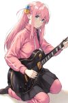  1girl black_skirt black_socks blue_eyes bocchi_the_rock! commentary cube_hair_ornament from_side full_body gotoh_hitori guitar hair_ornament highres holding holding_instrument instrument long_hair long_sleeves looking_at_viewer makimura_shunsuke one_side_up pink_hair pink_track_suit sidelocks simple_background sitting skirt skirt_over_leggings socks solo track_suit turtleneck wariza wavy_mouth white_background 