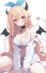  1girl artist_name blonde_hair bra breasts collar commentary demon_horns demon_wings deyui english_commentary fairy green_headband hair_behind_ear hair_ornament headband highres horns lingerie long_hair loose_clothes loose_shirt nijisanji nijisanji_en panties pointy_ears pomu_rainpuff red_eyes shirt smile solo unbuttoned unbuttoned_shirt underwear virtual_youtuber white_bra white_panties wings 