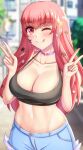  1girl ;) ;q anisdrawn blurry blurry_background blush camisole choker collarbone commentary_request crop_top double_v facial_mark fire_emblem fire_emblem_engage hands_up highres looking_at_viewer midriff navel one_eye_closed outdoors pink_choker pink_eyes pink_hair smile solo spaghetti_strap star_(symbol) stomach tongue tongue_out upper_body v yunaka_(fire_emblem) 