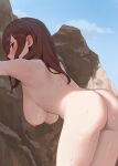  1girl against_rock amog ass bent_over blue_eyes blue_sky blush breasts brown_hair completely_nude day from_side go-toubun_no_hanayome hanging_breasts highres large_breasts long_hair looking_at_viewer nakano_miku nipples nude outdoors shore sky solo sweat 