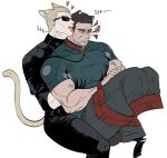  2boys absurdres albert_wesker anger_vein animal_collar animal_ears bara bear_boy bear_ears bear_tail black_hair black_pants black_shirt blonde_hair bound bound_ankles bound_legs bound_wrists cat_boy cat_ears cat_tail chamma_yohani chris_redfield collar facial_hair grabbing green_shirt grey_pants highres large_pectorals leash licking licking_another&#039;s_face male_focus multiple_boys muscular muscular_male pants pectoral_grab pectorals resident_evil resident_evil_5 restrained shirt short_hair simple_background sitting sunglasses tail tongue tongue_out translation_request white_background yaoi 
