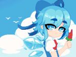  1girl bird blue_eyes blue_hair blush bow cirno cloud food fruit hair_ornament holding ice looking_at_viewer minimilieu pixel_art portrait shirt short_hair smile solo standing thick_eyebrows touhou watermelon 