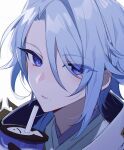  1boy black_gloves blue_hair bubble_tea coojisan cup disposable_cup genshin_impact gloves hair_between_eyes highres holding holding_cup japanese_clothes kamisato_ayato looking_at_viewer male_focus mole mole_under_mouth portrait purple_eyes simple_background solo white_background 