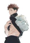  1boy black_pants closed_mouth clothes_lift expressionless highres itadori_yuuji jujutsu_kaisen looking_at_viewer male_focus pants qxq_illus scar scar_on_face signature simple_background solo undercut white_background 