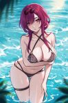  1girl bare_arms bare_shoulders breasts commentary criss-cross_halter eyewear_on_head halterneck helloimtea honkai:_star_rail honkai_(series) kafka_(honkai:_star_rail) large_breasts long_hair looking_at_viewer navel purple_eyes purple_hair solo standing stomach sunglasses thigh_strap thighs unfinished wading water 