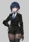  1girl absurdres bird/binary black_pantyhose black_thighhighs blue_eyes blue_hair blue_necktie ciel_(bird/binary) earpiece fingerless_gloves gloves grey_background highres holster las91214 miniskirt necktie pantyhose radio short_hair skirt solo suit thighhighs 