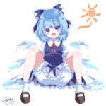  1girl black_footwear bloomers blue_dress blue_eyes blue_hair bow cirno commentary dress fairy hair_bow ice ice_wings looking_at_viewer melting open_mouth short_sleeves signature simple_background sitting socks solo spread_legs sun_symbol touhou underwear white_background white_socks wings yunagi_(arukumaruta) 