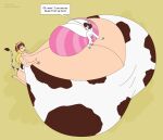  2015 animal_humanoid animal_print anthro big_breasts bonnie_(satsumalord) bovid bovid_humanoid bovine bovine_humanoid breast_expansion breasts brown_eyes brown_hair caitlyn_(foducool) cattle_humanoid clothing copyright_symbol cow_print duo english_text expansion female fur green_eyes hair hi_res huge_breasts humanoid hyper hyper_breasts lagomorph leporid mammal mammal_humanoid open_mouth rabbit satsumalord speech_bubble swimwear symbol text white_body white_fur 