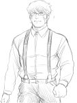  1boy alternate_costume bara collared_shirt cowboy_shot glasses greyscale kekkai_sensen klaus_von_reinhertz large_pectorals long_sideburns looking_at_viewer male_focus mature_male monochrome muscular muscular_male mutton_chops nore_(boosuke) pants pectorals red_hair semi-rimless_eyewear shirt short_hair sideburns sketch solo suspenders tusks walking 