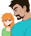  1boy 1girl absurdres alex_(minecraft) bara blue_eyes blue_shirt breast_envy breasts brown_hair facial_hair from_side frown goatee green_shirt highres large_pectorals long_hair looking_at_pectorals male_focus mature_male meme minecraft muscular muscular_male mustache pectoral_envy_(meme) pectoral_focus pectorals shirt short_hair sideburns steve_(minecraft) thick_eyebrows void_dot_exe 