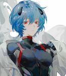 1girl absurdres ayanami_rei black_bodysuit blue_hair bodysuit breasts closed_mouth evangelion:_3.0+1.0_thrice_upon_a_time hair_between_eyes hand_up highres interface_headset light_frown long_sleeves looking_at_viewer medium_breasts mogutofuoes neon_genesis_evangelion plugsuit rebuild_of_evangelion red_eyes shirt skin_tight sleeves_past_wrists solo upper_body white_shirt 