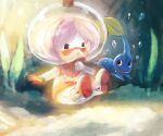  1girl air_bubble alien b_spa_gyoreva bad_id bad_pixiv_id blue_pikmin brittany_(pikmin) bubble dappled_sunlight eyelashes floating glasses gloves leaf looking_at_another open_mouth pikmin_(series) pink_gloves pink_hair pink_skirt pointy_ears pointy_nose red-framed_eyewear sand seaweed shady_eyes short_hair skirt space_helmet spacesuit sunlight swimming third-party_source triangular_eyewear underwear whistle 