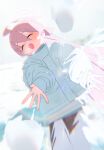  1girl absurdres ahoge blue_archive blush bm_tol brown_pants closed_eyes hair_between_eyes halo highres hoshino_(blue_archive) jacket long_hair long_sleeves open_mouth pants pink_hair pink_halo smile snow snowball snowball_fight solo white_jacket 