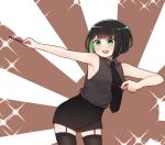  1girl :d allmind_(armored_core_6) armored_core armored_core_6 armpits bare_arms bare_shoulders black_hair black_necktie black_skirt blush breasts brown_thighhighs collared_shirt food garter_straps green_eyes green_hair grey_shirt holding holding_food i.u.y multicolored_hair necktie pocky shirt skirt sleeveless sleeveless_shirt small_breasts smile solo sparkle sunburst sunburst_background teeth thighhighs two-tone_hair upper_teeth_only v-shaped_eyebrows 