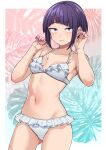  1girl absurdres audio_jack bikini boku_no_hero_academia border breasts closed_mouth collarbone commentary diagonal_bangs expressionless fingernails frilled_bikini frills halterneck hands_up highres jirou_kyouka kobaji light_blush long_earlobes looking_at_viewer nail_polish navel outside_border purple_eyes purple_hair purple_nails short_hair sidelocks small_breasts solo stomach swimsuit white_bikini white_border 