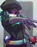  1girl belt black_dress black_headwear dress gloves great_ball green_eyes green_hair grey_gloves hat highres holding holding_poke_ball kotobukkii_(yt_lvlv) looking_at_viewer poke_ball pokemon pokemon_(game) pokemon_usum smile solo team_rainbow_rocket_grunt team_rainbow_rocket_uniform upper_body 