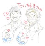  2boys :d bara billy_russell_(dickfish) collared_shirt cropped_torso dickfish_(fishismdick) facial_hair happy heart highres jackson_(wrath_of_man) jan_(wrath_of_man) john_rottweil_(dickfish) laughing loving_aura male_focus mature_male multiple_boys mustache not_present original sanpaku shirt short_hair sketch smile thick_eyebrows thought_bubble traditional_media wavy_mouth wrath_of_man yaoi 