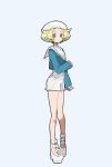  1girl alternate_costume beret bianca_(pokemon) blonde_hair buttons closed_mouth eneko_(olavcnkrpucl16a) eyelashes full_body green_eyes green_jacket hat high_heels highres jacket legs long_sleeves pokemon pokemon_(game) pokemon_bw short_hair shorts simple_background solo standing white_background white_footwear white_headwear white_shorts 