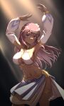 1girl alice_gear_aegis arms_up as4gi breasts choker dancer dancing dark_skin detached_sleeves fatima_betrorum harem_outfit highres jewelry large_breasts long_hair looking_at_viewer navel necklace pink_hair purple_eyes signature solo thighlet 