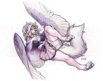  absurd_res anthro blonde_hair bottomwear breasts canid canine clothed clothing f-r95 feathered_wings feathers female fur hair hi_res legwear looking_at_viewer mammal simple_background skirt solo stockings white_body white_fur wings 