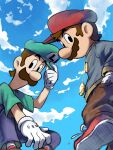  2boys alternate_costume blue_overalls blue_sky brothers brown_hair brown_pants cloud facial_hair from_below gloves gold_necklace green_headwear hand_in_pocket hat highres jewelry looking_at_viewer looking_down luigi male_focus mario mario_&amp;_luigi_rpg mario_(series) masanori_sato_(style) multiple_boys mustache necklace outdoors overalls pants red_footwear red_headwear shoes short_hair short_sleeves siblings sky white_gloves ya_mari_6363 