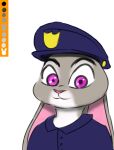  anthro disney ears_down female fur grey_body grey_fur judy_hopps lagomorph leporid looking_at_viewer mammal pivoted_ears police_hat purple_eyes rabbit simple_background solo spoof_(artist) white_background zootopia 