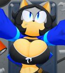  anthro big_breasts black_hair blue_eyes breasts cleavage_cutout clothed clothing crop_top female fixing grease hair hi_res huge_breasts jacket lying makia midriff mobian_hedgehog on_back open_clothing open_jacket open_topwear shirt short_hair slickehedge solo topwear 