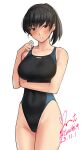  1girl amagami black_eyes black_hair blush breasts commentary_request competition_swimsuit covered_navel dated highleg looking_at_viewer one-piece_swimsuit parted_lips ponytail smile swimsuit thighs tsukahara_hibiki white_background yoo_tenchi 