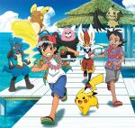  2boys alolan_raichu antenna_hair ash_ketchum baseball_cap bewear black_hair blue_eyes brown_eyes cinderace dark-skinned_male dark_skin dock feet goh_(pokemon) hat highres holding holding_poke_ball lucario male_focus male_swimwear mimikyu multiple_boys official_art one_eye_closed open_mouth pikachu poke_ball pokemon pokemon_(anime) pokemon_(creature) pokemon_journeys running sandals shirt smile swim_trunks teeth third-party_source toes upper_teeth_only white_shirt 