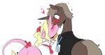  accessory blonde_hair blush bow_ribbon brown_body brown_fur brown_hair clothing crossgender equid equine eureka_(oc) eyes_closed facial_hair fan_character ftm_crossgender fur hair hair_accessory hair_bow hair_ribbon hasbro horn kissing lanyard male male/male mammal my_little_pony parch_well_(oc) pink_body pink_fur redxbacon ribbons simple_background sweater topwear unicorn white_background wide_eyed 