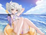  1girl absurdres arm_behind_head bikini blush breasts cloud drill_hair fang grey_hair hair_ornament highres icicle karenina:_ember_(punishing:_gray_raven) karenina_(punishing:_gray_raven) long_hair looking_at_viewer mechanical_arms multicolored_bikini multicolored_clothes ningmengege ocean orange_eyes orange_innertube punishing:_gray_raven purple_bikini sidelocks single_mechanical_arm skin_fang sky small_breasts solo swimsuit thigh_strap twin_drills white_bikini 