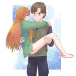  1boy 1girl aged_up aida_kensuke barefoot beard blue_eyes blush breasts brown_hair carrying evangelion:_3.0+1.0_thrice_upon_a_time expressionless facial_hair feet glass hair_between_eyes holding hug jacket leg_grab legs long_hair looking_at_another masago_ksb neon_genesis_evangelion old princess_carry rebuild_of_evangelion smile souryuu_asuka_langley standing toes 