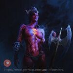  1girl abs anato_finnstark axe baldur&#039;s_gate baldur&#039;s_gate_3 black_nails breasts colored_skin demon_girl demon_horns dungeons_and_dragons fog gauntlets glowing glowing_eyes highres horns karlach_(baldur&#039;s_gate) muscular muscular_female pointy_ears red_skin small_breasts solo toned topless yellow_eyes 