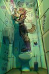  anthro bathroom booth buckle clothed clothing digital_media_(artwork) english_text female fur goth graffiti hair hi_res hyena legwear mammal marker_(artwork) plunger solo spikhyenna text toilet tongue tongue_out topwear traditional_media_(artwork) 