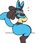  2022 absurd_res anthro big_breasts black_body black_fur blue_body blue_fur blush breasts chabooey crossed_arms digital_media_(artwork) featureless_breasts female fur generation_4_pokemon hi_res looking_at_viewer lucario nintendo nude open_mouth pokemon pokemon_(species) sitting solo yellow_body yellow_fur 