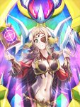  1girl ahoge black_feathers black_wings blonde_hair bodystocking book breasts circlet clear_glass_(mildmild1311) cleavage colored_sclera eyepatch feather_collar feathers fire_emblem fire_emblem_fates fire_emblem_heroes green_eyes hair_ornament highres holding holding_book long_hair looking_at_viewer lunala medium_breasts navel night o-ring official_alternate_costume ophelia_(fire_emblem) ophelia_(starlit_maiden)_(fire_emblem) pelvic_curtain pokemon pokemon_(creature) pokemon_(game) pokemon_sm puffy_sleeves red_sclera smile solo swept_bangs wings 