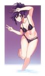  1girl :&gt; armpits bikini double_v jigokuraku kuronami616 looking_at_viewer navel purple_hair red_eyes simple_background solo swimsuit taking_picture v water yuzuriha_(jigokuraku) 