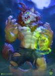  anthro bulge clothing felid glowing glowing_eyes hi_res lion21 magic male mammal muscular night open_mouth outside pantherine potion solo torn_clothing transformation were werefelid werelion werepantherine 