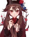  1girl black_coat blush branch brown_hair coat commentary_request flower flower-shaped_pupils genshin_impact hat hat_flower hat_tassel highres hu_tao_(genshin_impact) long_hair long_sleeves looking_at_viewer neinei orange_eyes parted_lips partial_commentary red_shirt shirt simple_background smile solo sweat symbol-shaped_pupils twintails upper_body white_background 