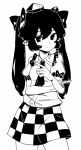  1girl breasts checkered_clothes checkered_skirt greyscale hat himekaidou_hatate long_hair looking_at_viewer maguro_(mawaru_sushi) monochrome pointy_ears short_sleeves simple_background skirt small_breasts solo tokin_hat touhou twintails white_background 