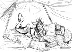  anthro black_and_white bottomwear clothed clothing deer detailed_background digital_drawing_(artwork) digital_media_(artwork) fur greyscale headgear headwear hladilnik lying male mammal monochrome on_front pants reading shaded sketch slight_smile smile solo tail topless topless_male 