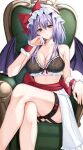  1girl 7saki aged_up armchair bare_shoulders bat_wings bra breasts chair cleavage collarbone frilled_bra frills garter_straps hat hat_ribbon highres large_breasts looking_at_viewer medium_hair mob_cap red_eyes remilia_scarlet ribbon sash shadow sitting slit_pupils smile solo thighhighs thighs touhou underwear wings wrist_cuffs wristband 