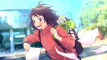  1girl :o backpack bag blurry blurry_background brown_eyes brown_hair glint green_footwear highres holding holding_shoes honeyworks jacket kokuhaku_jikkou_iinkai medium_hair messy_hair paper photo_background red_jacket running shoes shoes_removed sneakers solo suzumi_hiyori sweatdrop tamakingx422x thick_eyebrows watch wristwatch zipper 