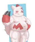  2023 absurd_res anthro areola belly big_belly biped blush claws digital_media_(artwork) generation_3_pokemon hi_res jimmyzangoo male musclegut muscular muscular_anthro muscular_male muscular_thighs navel nintendo nipples nude pokemon pokemon_(species) simple_background smile solo thick_thighs zangoose 