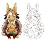  1other animal_ears brown_fur colored_eyelashes fake_horns full_body furry green_headwear hand_on_own_chest helmet horned_helmet horns lineart long_hair looking_at_viewer made_in_abyss nanachi_(made_in_abyss) nuoi407 pants parted_lips puffy_pants rabbit_ears red_pants solo topless whiskers white_background white_hair yellow_eyes 